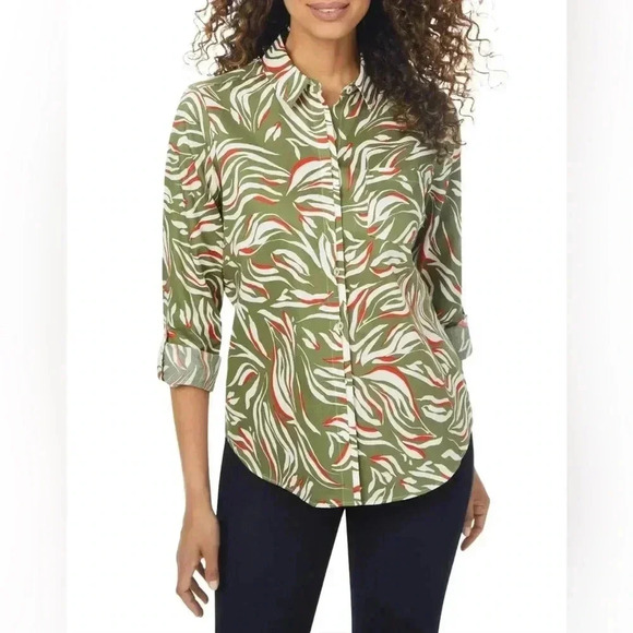 Foxcroft 100% Cotton Charlie LS Tab Zebra Non Iron Button Down Women Top Sz 10 - Picture 1 of 7